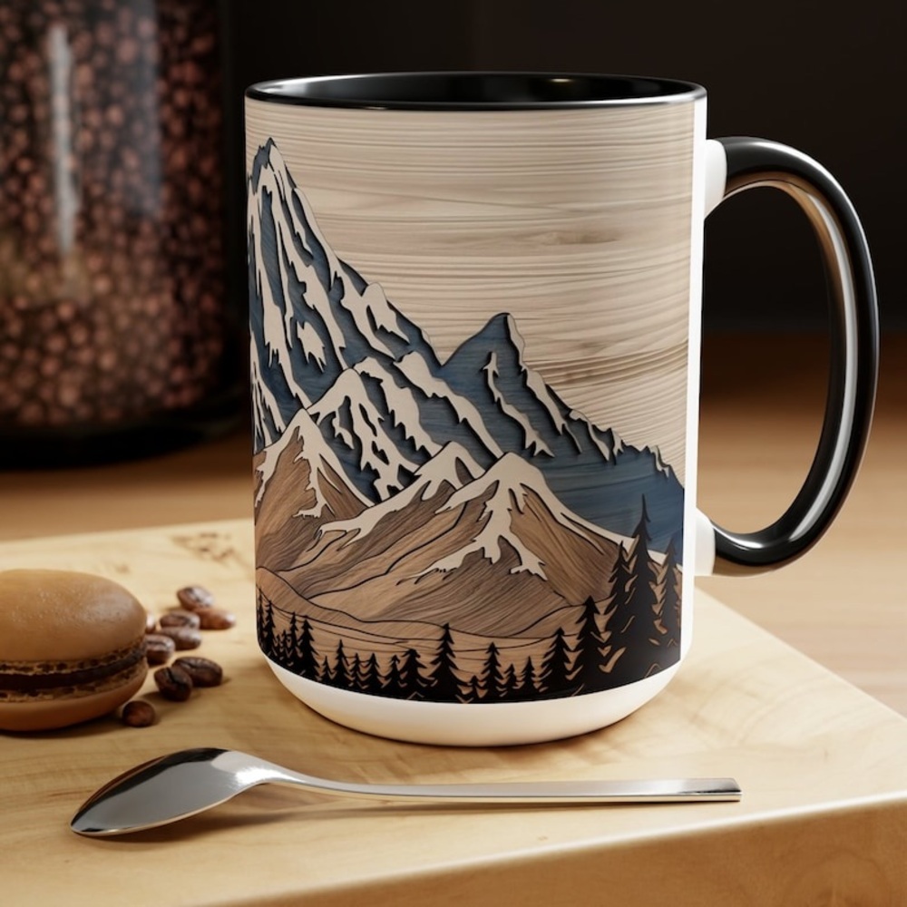 Mountain Mug NOT REAL WOOD Mug Mountain Range Pine Tree Coffee Cup